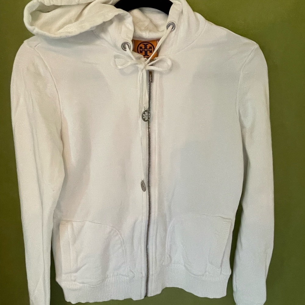 Tory Burch zip up hoodie. White with navy logo.